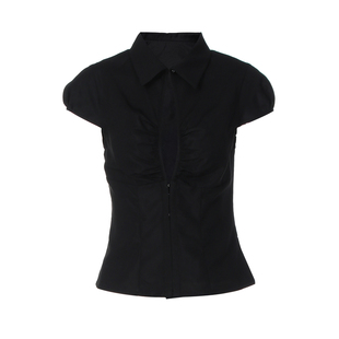 gusty新中式辣妹风翻领镂空短袖T恤女御姐复古风收腰黑色上衣潮