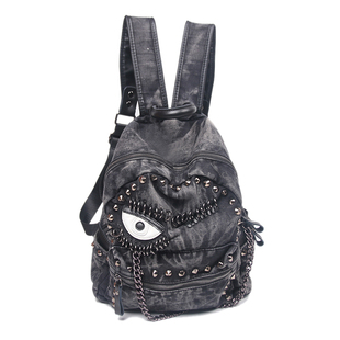 美式辣妹铆钉黑色牛仔真皮双肩包女背包2025新款秋大容量时尚旅游