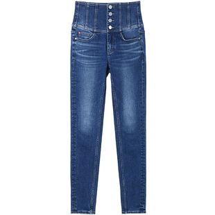 Miss Sixty复古深蓝色牛仔裤女四扣超高腰显瘦修身小脚铅笔裤百搭