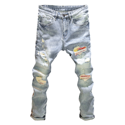 高级感ins潮破洞补丁牛仔裤男