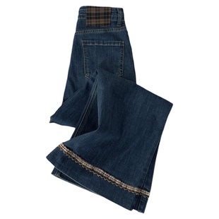 拉夏贝尔花边阔腿牛仔裤女2026春秋新款高腰显瘦小个子九分直筒裤