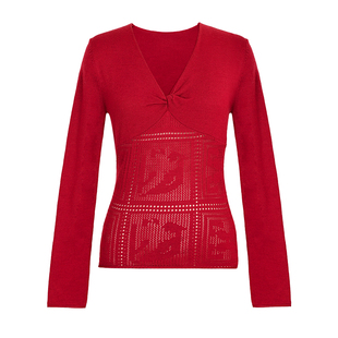 Miorastudio法式复古浆果红设计感V领扭结上衣镂空配飘带针织衫