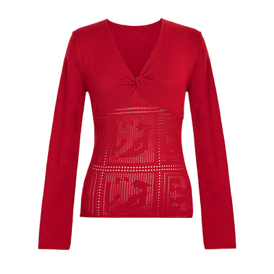Miorastudio法式复古浆果红设计感V领扭结上衣镂空配飘带针织衫