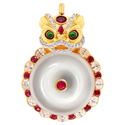 VISING珠宝培育红宝石【国检】水沫平安扣眨眼醒狮吊坠项链S925银