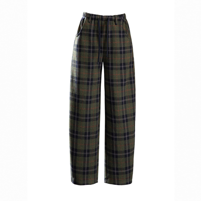 复古加绒格子弯刀裤女宽松毛呢裤