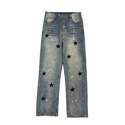 美式做旧五角星宽松阔腿牛仔裤男