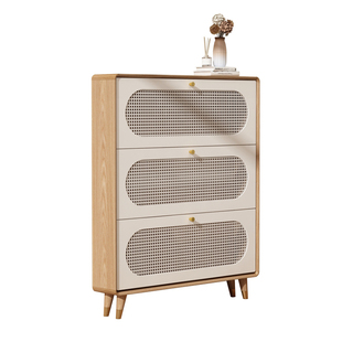 家用门口超薄翻斗藤编鞋柜实木框中北欧原木色储物柜收纳柜小户型