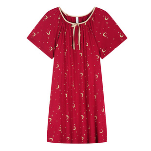 轩靓红色睡裙女夏季薄款莫代尔短袖2026新款睡衣大码家居服连衣裙