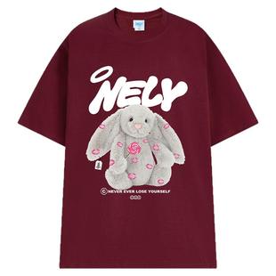 NELY小尼力创意唇印兔兔印花短袖T恤男女2026新款夏季情侣装上衣