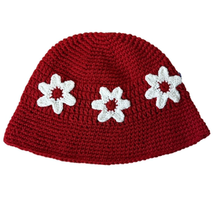 【小头专属】韩系花朵针织帽女红色帽子渔夫帽秋冬保暖手工毛线帽
