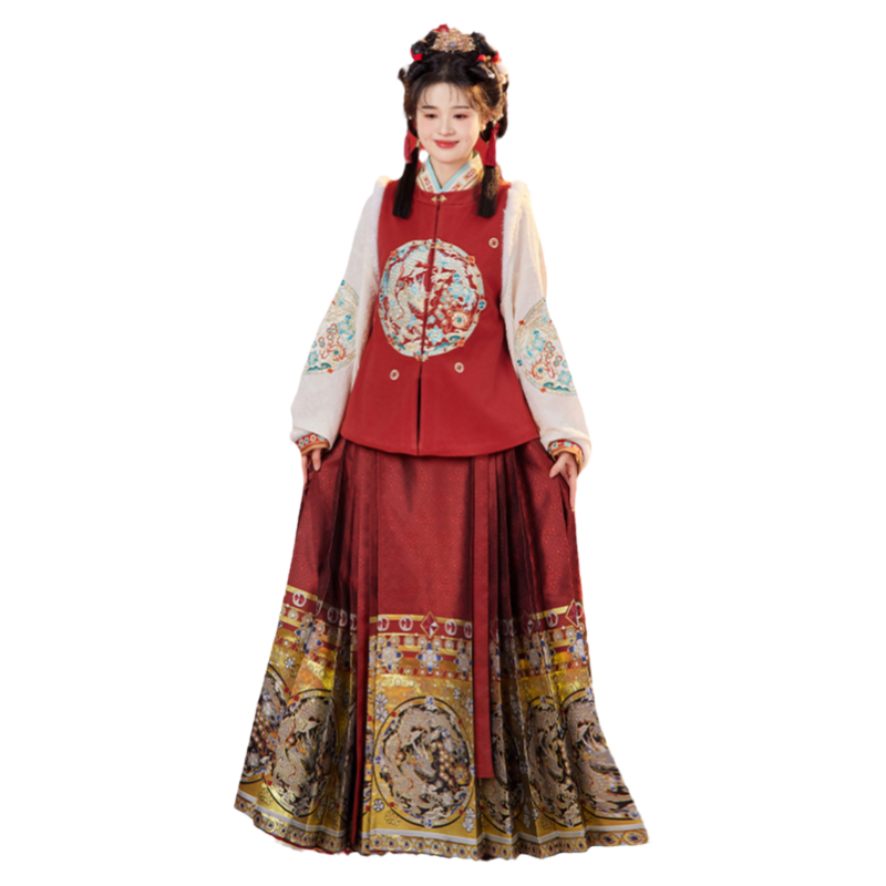 墨子研汉服女【福龙吉祥】明制红色马面裙套装比甲拜年服秋冬季