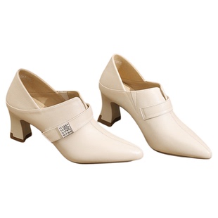 红蜻蜓女鞋2025秋冬新款粗跟深口小皮鞋真皮时尚单鞋尖头高跟鞋女