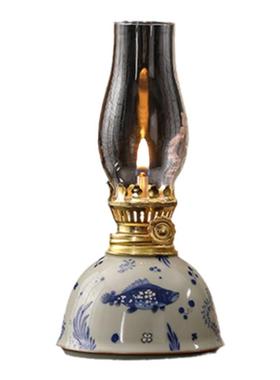 景德镇老式青花陶瓷酥油灯传统茶室家居摆件灯芯仿古供佛拜明灯神