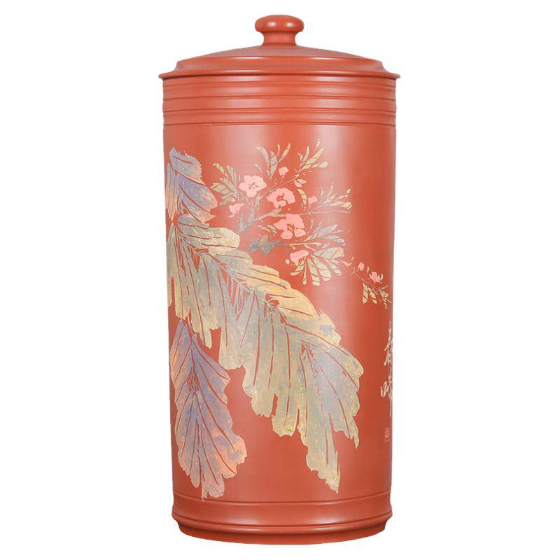 建水陶直筒复烧红彩填21饼大茶缸