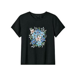 颜域复古黑色印花短袖T恤女2026年夏装新款修身显瘦圆领通勤上衣