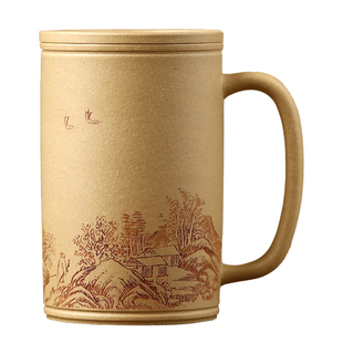 高端宜兴原矿紫砂茶杯名家李建军纯手工刻绘盖杯 本山绿泥220cc