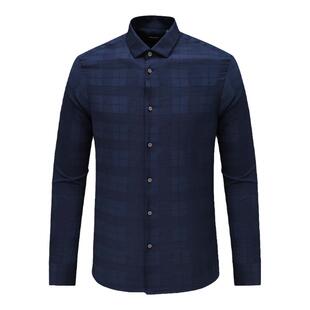 KL274凯LAI换季断码清仓男士商务休闲深蓝暗格纹宽松打底长袖衬衫