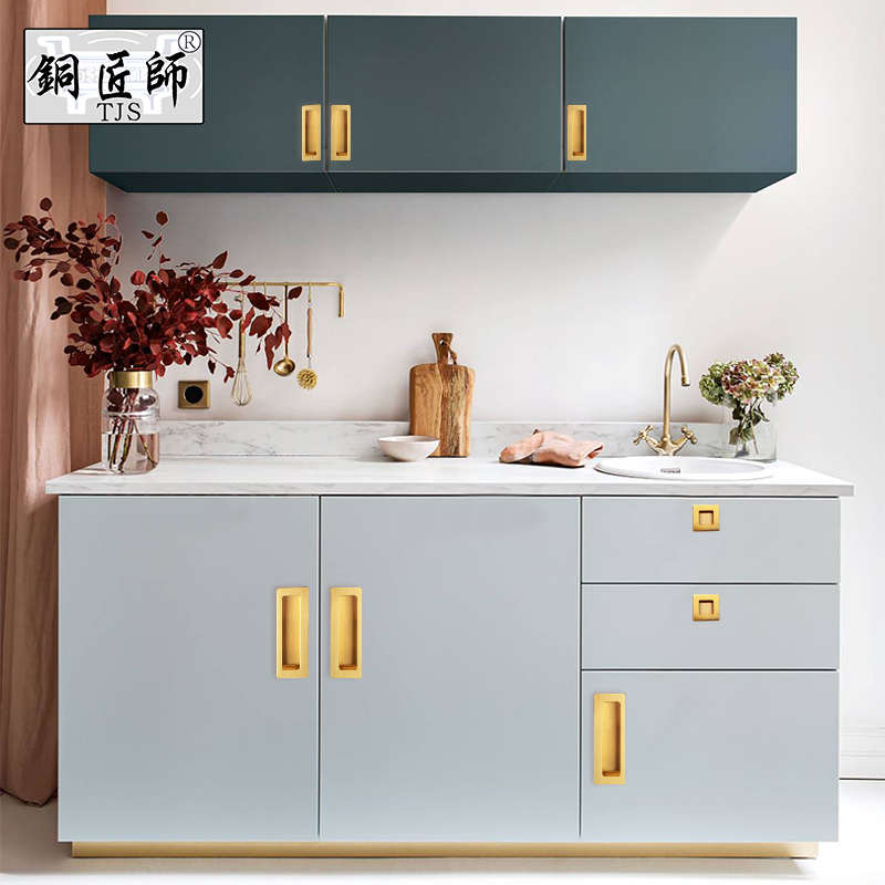 铜匠师黄铜新中式衣柜拉手隐形拉手嵌入式方槽把手高档柜门拉手