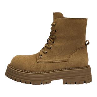 达芙妮厚底马丁靴女款2025新款秋季复古两穿大黄靴棕色绒面短靴子