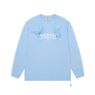 美国ELEMENT滑板长袖T恤女浅蓝色蝴蝶印花精梳棉液氨凉感休闲上衣