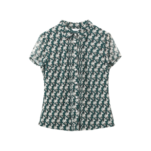 HONRN/红人绿色休闲短袖设计感印花修身衬衫上衣女夏款HH22OZ593