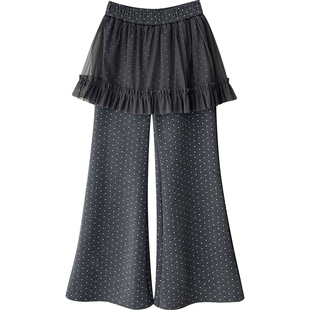 韩系腿精加绒假两件微喇叭阔腿裤女秋冬网纱屁帘小波点显瘦休闲裤