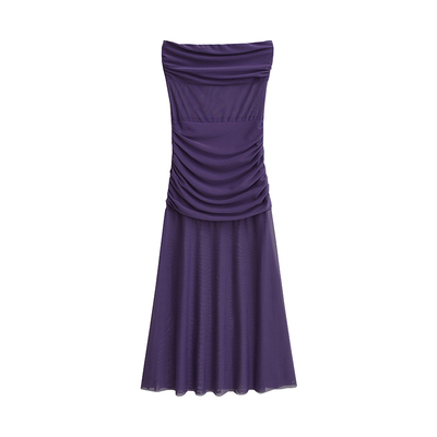 抹胸褶皱网纱包臀鱼尾连衣裙长裙