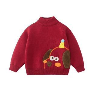 [骏马福裳一体绒]齐齐熊男童毛衣加绒红色儿童新年半高领宝宝冬季
