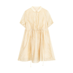 一城画一夏季复古文艺撞色小翻领设计水滴领口中款连衣裙