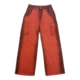 Vcatecx砖红色工装裤cargo喷脏做旧水洗直筒A字休闲裤长裤潮男女