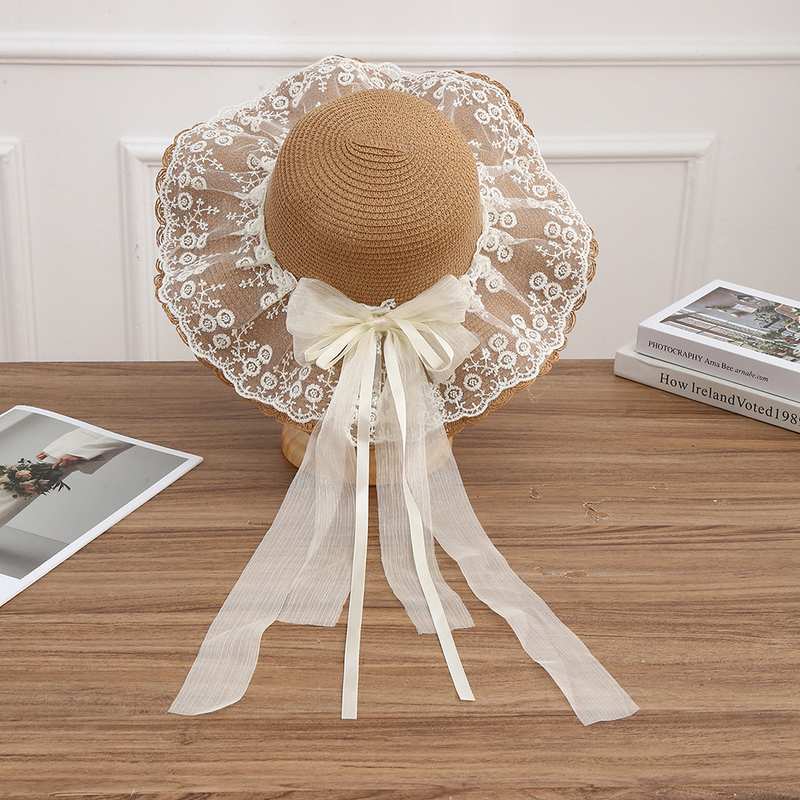 新款蕾丝边蝴蝶结飘带遮阳帽帽檐太阳帽甜美清新批发草帽夏季大小