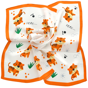 白色可爱小老虎真丝小方巾儿童丝巾男童女童宝宝护颈小围巾春秋薄