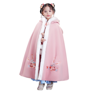 女童拜年服兔年汉服古装儿童宝宝新年穿加绒加厚中国风斗篷披风冬