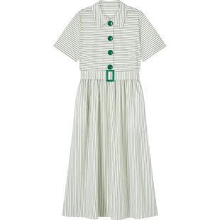 LK BENNETT绿白色条纹连衣裙女夏新款收腰法式衬衫裙长赫本风