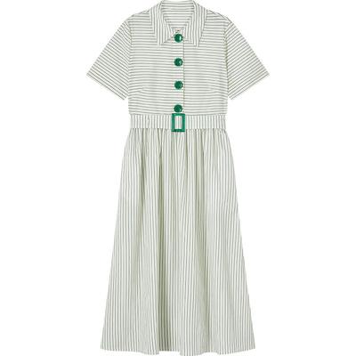 LK BENNETT绿白色条纹连衣裙女夏新款收腰法式衬衫裙长赫本风