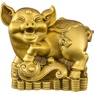 铜猪摆件吉祥物黄铜猪西北缺角金钱如意猪一对客厅办公室生肖猪