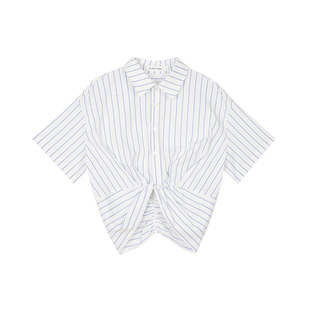 BLANK LABEL棉锦氨混纺微弹浅蓝白条纹抽褶短款衬衫女夏短袖上衣