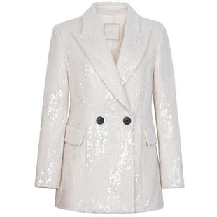 XG雪歌亮片设计长袖毛呢外套时尚冬季新款米白色通勤绵羊毛大衣女