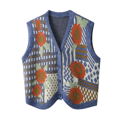 法式复古花朵针织开衫马甲外套女秋冬叠穿不规则V领坎肩背心毛衣