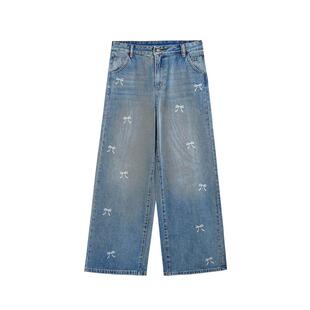 紫涵蝴蝶结印花阔腿牛仔裤女春秋季新款浅蓝100%纯棉宽松休闲裤子