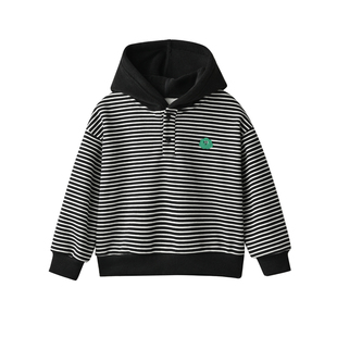 儿童连帽加绒卫衣 男童女童条纹宽松一体绒保暖休闲上衣 中童冬款
