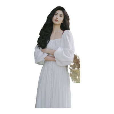 大码法式复古方领白色仙女连衣裙
