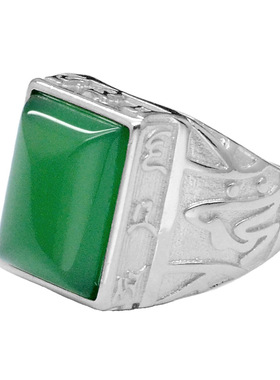 新款复古六字真言玉髓戒指男女S925纯银天然方形绿玉髓食指环R40
