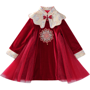 女童公主裙女孩加绒汉服连衣裙冬装2025新款儿童拜年服红色新年裙