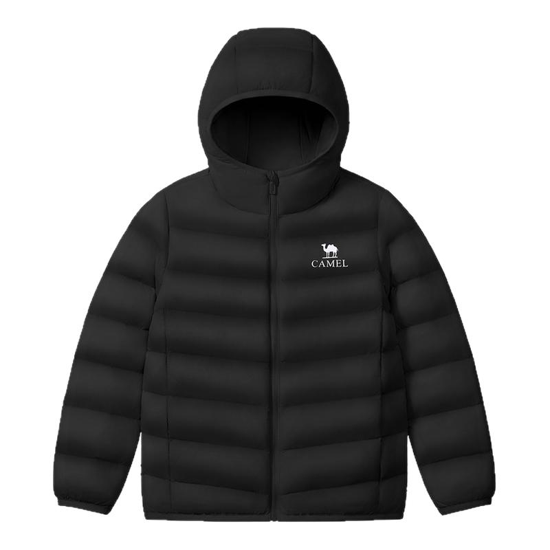 骆驼90%鸭绒儿童轻薄羽绒服冬季连帽男女童户外休闲保暖黑色外套