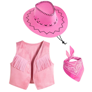 万圣节儿童服装女童粉色西部牛仔套装复古牛仔帽子三角巾演出服