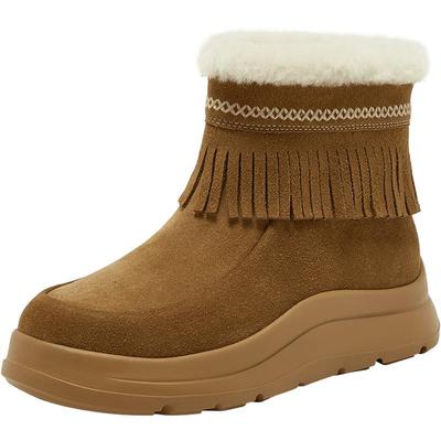 Bata雪地靴女2025冬商场新款牛剖皮保暖厚底流苏加绒短靴AD125DD5