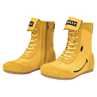 SMILEY笑脸黄色拳击鞋中筒绑带女鞋增高圆头厚底增高复古时尚靴子