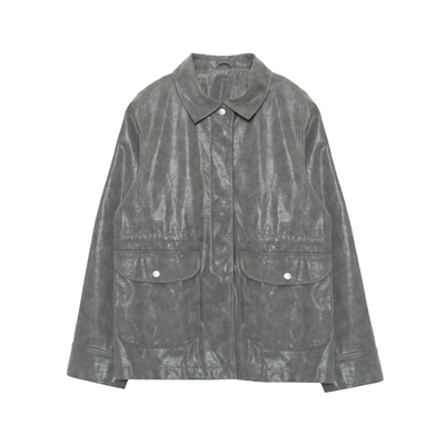 SoloForTwo 迷雾灰皮衣 复古水洗柔光皮中长款抽褶外套