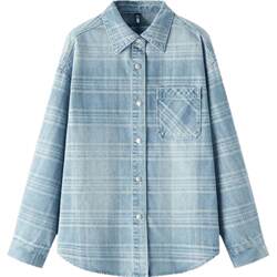 森马格纹特宽松中长款牛仔衬衫女